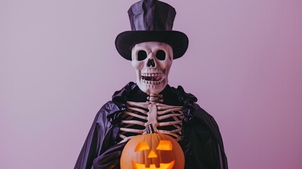 Spooky Skeleton Costume and Halloween Pumpkin,Person dressed in a skeleton costume holding a jack-o'-lantern, ready for a festive and spooky Halloween celebration.
