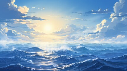 Beautiful seascape with waves and sun. illustration. Generative AI