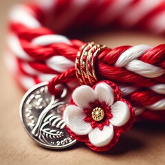 Naklejka premium Red and white bijouterie on a wooden background close up. Martisor is a symbol of spring.