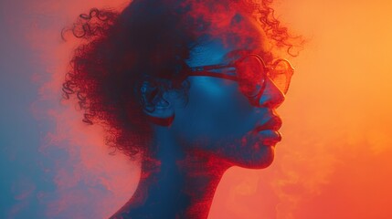 Side profile view of African American female - orange surrealist background - haze - motion blur  - obrazy, fototapety, plakaty