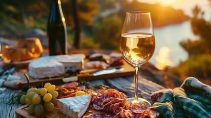 Picnic with white wine served outside with cheese and charcuterie, sunset light