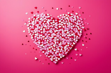 Valentines day card. Heart confetti falling over pink background for greeting cards, wedding invitation