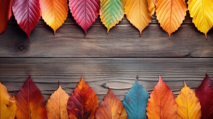 Autumn leaves on wooden background with space for text. Fall background Generative AI