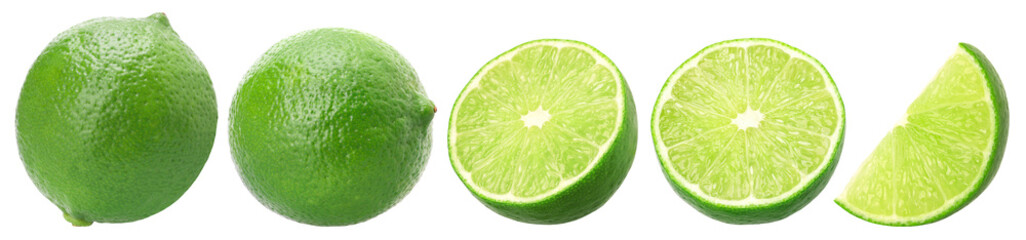Natural fresh lime, half and slice isolated, transparent PNG, PNG format, cut out.