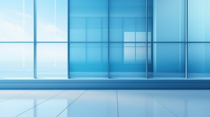 Blue glass wall and floor in modern office. 3D rendering. Generative AI