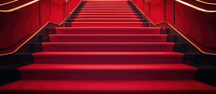 Stairway adorned in red carpet.