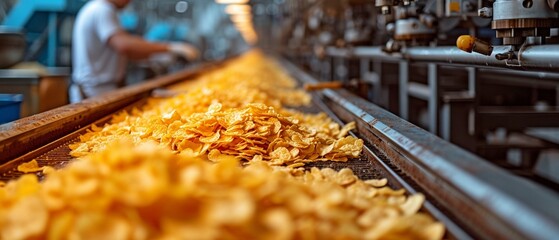 A food industry plant's production line for potato chips. snack machine filling stations,