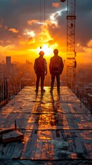 Talking about working in the business sector of architecture, a professional engineer and construction foreman wearing a safety hard hat and helmet jointly