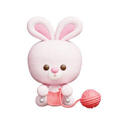 3D cute rabbit knitting, Cartoon animal character, 3D rendering.