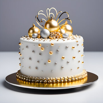 wedding Cake with gem and diamonds on top, gem and diamonds decorating cake, silver ball side, worthy nice cake design with beautiful color background, high value gold cake design with ash color icing