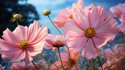 Pink cosmos flowers blooming in the garden. Floral background. Generative AI