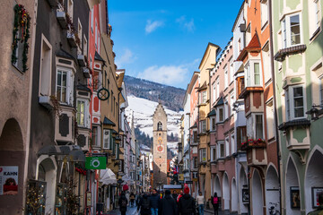 Vipiteno (Bolzano), Italy, 01.01.2024: view of the city center with the bell tower in the...