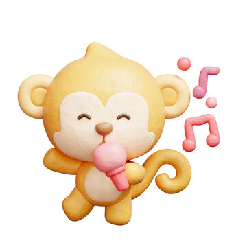 3D cute monkey dancing and singing with microphone, Cartoon animal character, 3D rendering.