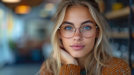 This young woman is trying on spectacles in an optical store. - obrazy, fototapety, plakaty