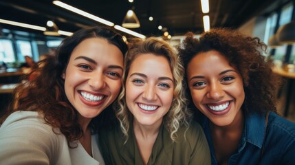 Portrait of a group of smiling young women in a cafe. Generative AI