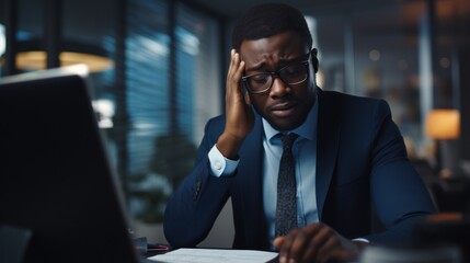 Stressed african american businessman working late at night in office Generative AI