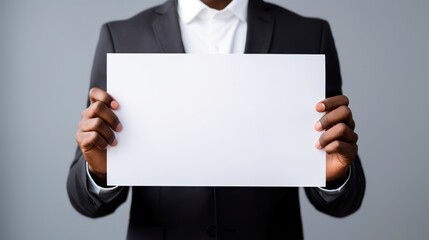 cropped shot of african american businessman holding blank paper isolated on grey Generative AI