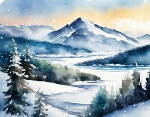 冬景色の水彩画　山　トラベル　アウトドア　背景　フレーム　イラスト　AI生成画像