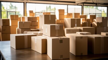 Cardboard boxes stacked on a shelf in a warehouse. Shallow depth of field Generative AI