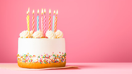 birthday cake with pink pastel background and copy space 