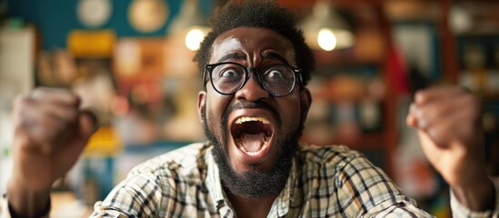 Excited African American guy in web store receives promo code, elated hipster wins online contest. - obrazy, fototapety, plakaty