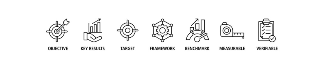 OKR banner web icon set vector illustration concept for objectives and key results with icon of objective, key results, target, framework, benchmark, measurable, and verifiable