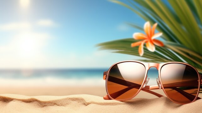 Sunglasses on sandy beach in summer - vintage color styles