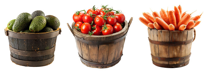 Set of wooden bucket full of avocados, tomatoes and carrots over isolated transparent background