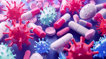 Abstract biological background with viruses and bacteria.