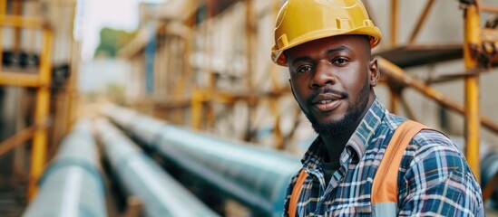 African American male engineer inspecting sewer pipes at construction site.