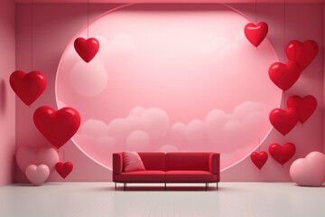 Interior of festive room decorated for Valentine's Day with air balloons, flowers and candles
