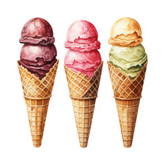 watercolor painting of scoops and waffle cone