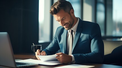 Handsome businessman is working with documents and smiling while sitting in office Generative AI