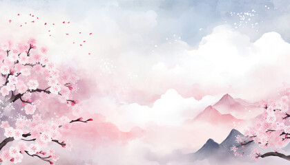 桜　水彩画　水墨画の背景イラスト「AI生成画像」