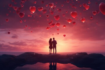Beautiful young couple hugging, kissing celebrating St Valentine's Day with air balloons in shape of heart on white background.