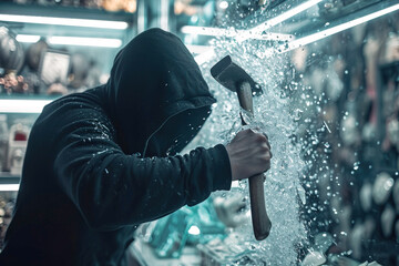 Jewelry store heist, with hooded unrecognizable man smashing window glass with a hammer - obrazy, fototapety, plakaty