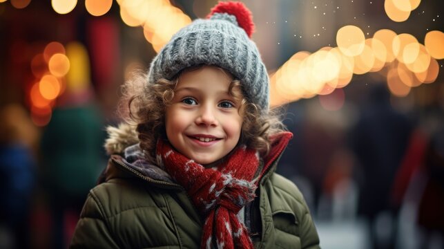 Portrait of a cute little girl in winter clothes on Christmas market Generative AI