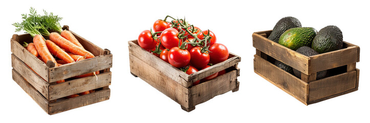 Collage set of wooden harvest bins full of carrots. tomatoes and avocados over isolated transparent background