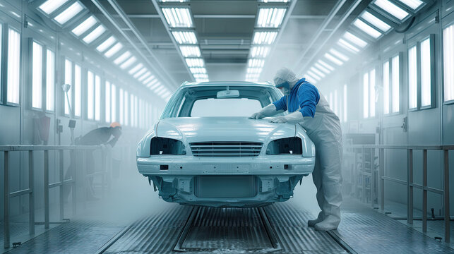 A car painter is painting a new car in the repair shop.