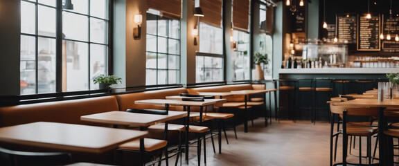 An image of a minimalist cafe with clean, uncluttered tables and a simple menu, creating a calm and inviting atmosphere. - obrazy, fototapety, plakaty