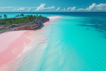 a photo of a pink sand beach and palm trees in the Bahamas, caustics, drone aerial view, gopro