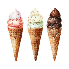 watercolor painting of scoops and waffle cone