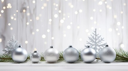 Fototapeta na wymiar Silver christmas baubles on white wooden background with bokeh effect Generative AI