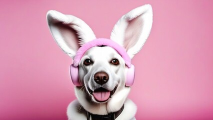 Fototapeta premium Happy rabbit dog in rabbit ears costume on pink background, Easter holiday pink background