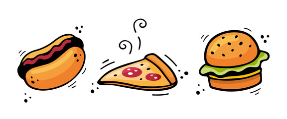 Hand drawn fast food icons Hot dog, Hamburger, Pizza. Sketch of snack elements isolated on white background. Fast food illustration in doodle style. Fast food collection.