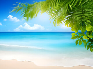 Summer Background with Ocean Waves and Beach with Copy Space for Text. jungle exotic leaves
