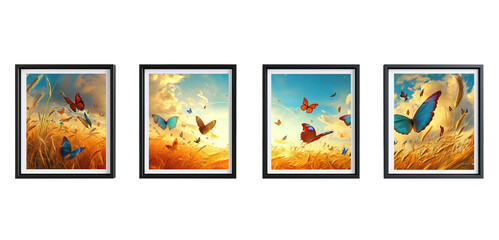 Four thin black frames with continuous paint of butterflies over white transparent background