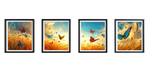 Four thin black frames with continuous paint of butterflies over white transparent background
