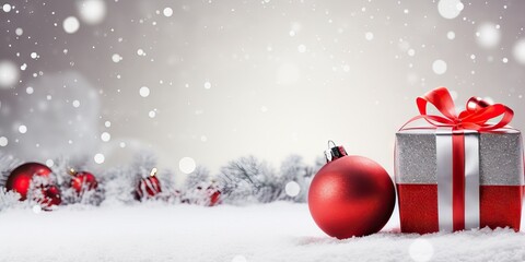 Fototapeta na wymiar Christmas background with red gift box and christmas balls in the snow Generative AI