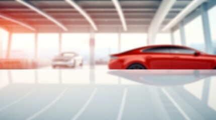 Modern car dealership showroom with luxury vehicles in a blurred background, emphasizing high-end retail.